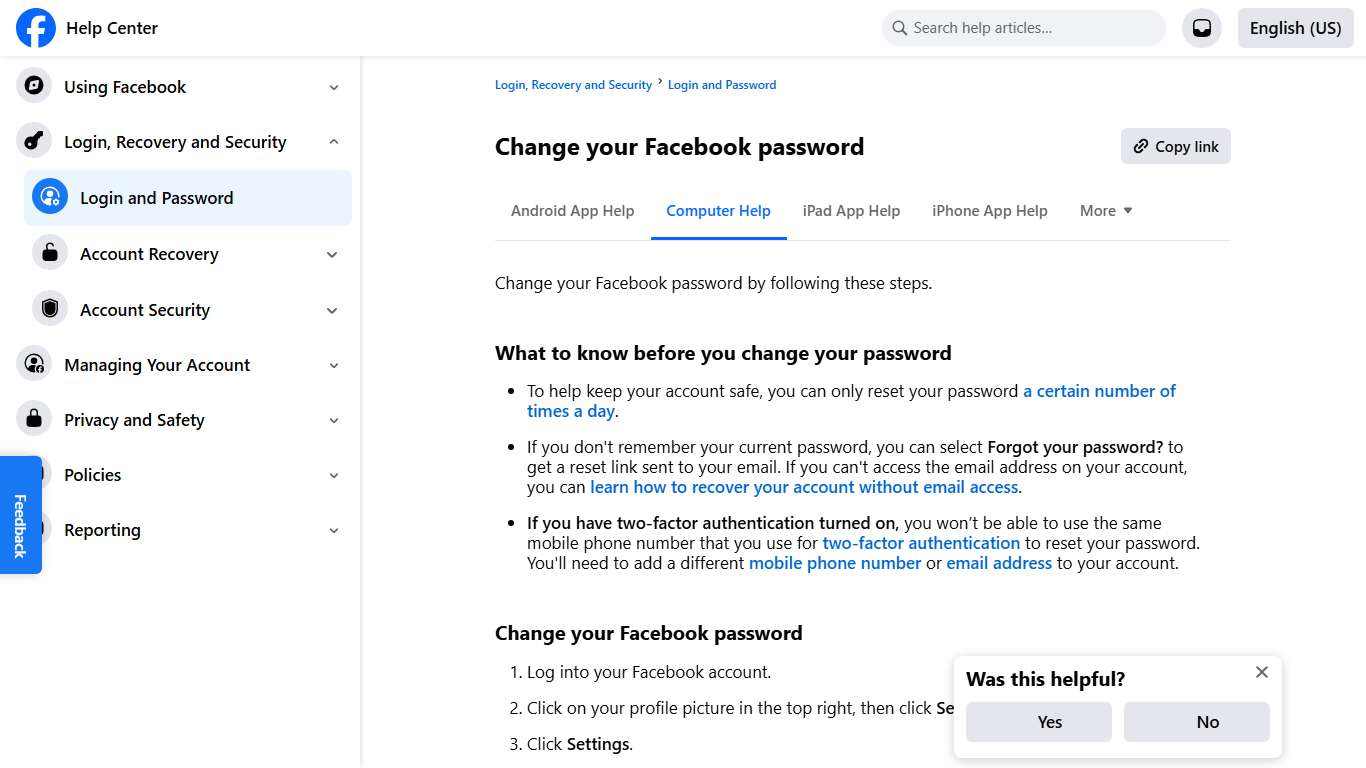 Change your Facebook password Facebook Help Center